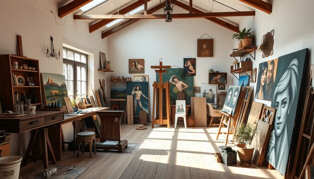 pi&egrave;ce atelier peinture table tableau chevalet 