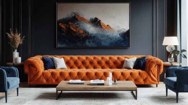 Lowangle view of an orange velvet sofa with abstract art a rug and a wooden coffee table