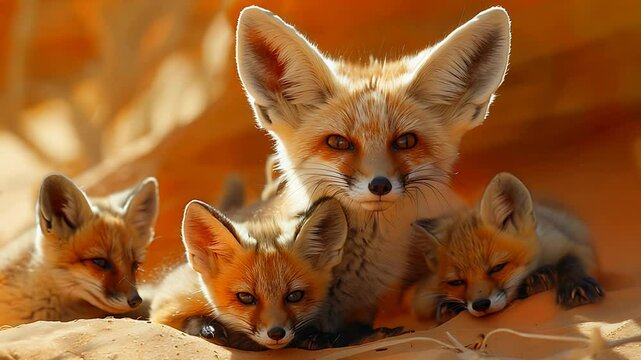 A group of fennec foxes lounges together in the soft desert sand, enjoying a sunny afternoon. The adorable interactions display their playful nature and family bond.