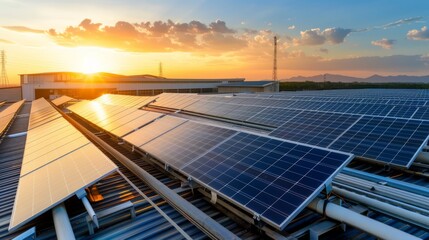 - Solar panels arranged on the roof of a large industrial building, with the sun setting in the background, emphasizing the use of renewable energy in commercial settings