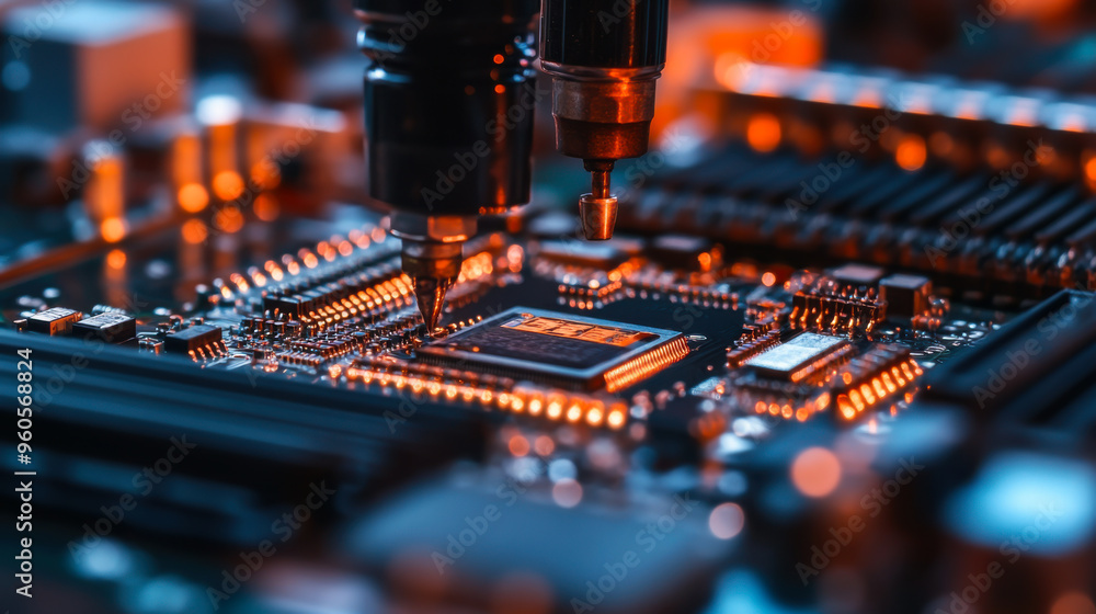 Poster mechanical arm soldering components on a circuit board in a high-tech electronics manufacturing faci