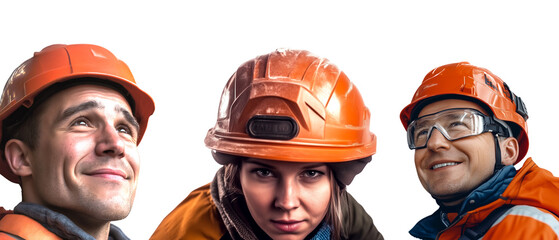 Construction workers wearing orange safety helmets and protective gear. Diversity and professionalism in the workforce. Determined female worker. Teamwork, safety and construction industry concept.