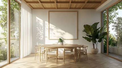 Sunlight Bathes Minimalist Dining Room with Wooden Accents and Large Windows Low Angle Perspective