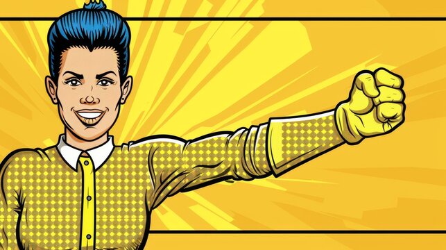 A cartoonish drawing of a woman with a blue hairdo and yellow shirt - Powered by Adobe