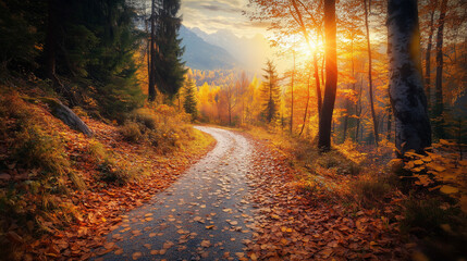 Obraz premium A winding path through a forest covered in fallen leaves in shades of yellow, orange, and brown, with a distant mountain range visible under a bright autumn sun.