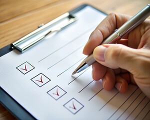 Checklist completed, task done on time, project finished, approval concept, businessman ticks off checklist on clipboard against white background.
