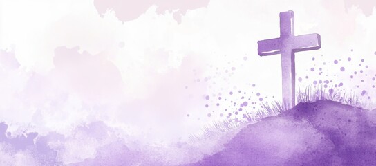 A watercolor painting of a purple cross on a hill, with copy space and a banner with an empty area for text in the center Generative AI