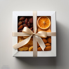 a box of nuts with a ribbon tied around the top