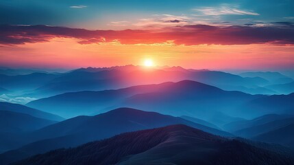 Obraz premium stunning sunrise over a layered mountain range, blending vibrant shades of blue, pink, and orange in the sky and distant peaks.