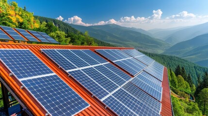 - Solar panels on a mountain lodge, surrounded by scenic nature, emphasizing the adoption of renewable energy in remote and eco-friendly tourist destinations