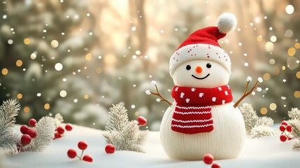 Fototapeta premium cheerful snowman in a red scarf and hat stands in a festive winter scene, surrounded by snow and glowing lights, radiating holiday joy.