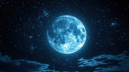 Obraz premium luminous full moon shining brightly in a dark starry sky, casting light over scattered clouds, creating a serene and mystical nighttime scene.