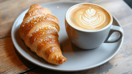 A cup of cappuccino and croissant set in a white plate.
