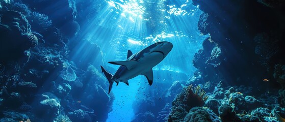 Majestic Shark Gliding Through Deep Underwater Canyon