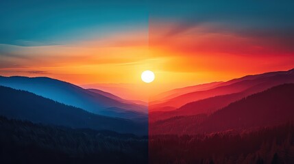 Obraz premium vibrant sunset over mountain ranges, with striking colors blending from cool blues to fiery reds, creating a dramatic and breathtaking landscape view.