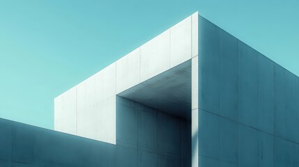  Minimalist concrete structure with sleek lines and a rectangular form, standing against a pale blue sky, showcasing modern architectural minimalism.