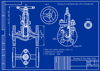 Naklejka premium Vector drawing of steel cast mechanical part with through holes and dimension lines. Engineering cad scheme. Technical computer template of valve. Cross section.