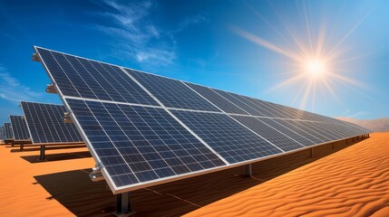 Solar panels in a desert environment, efficiently converting sunlight into electricity, demonstrating the adaptability of solar technology in various climates, with a stark, sunny backdrop and clear