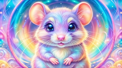 Adorable colorful mouse with big eyes in magical rainbow aura