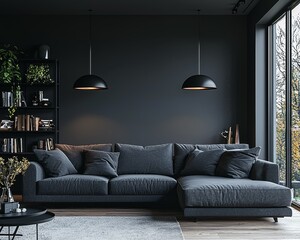 Modern Dark Living Room with Sectional Sofa Black Pendant Lights Natural Light Streaming Through Large Windows