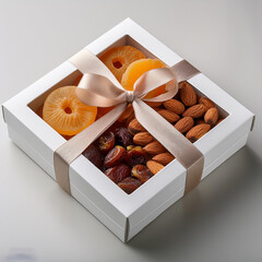 a box of nuts with a ribbon tied around the top