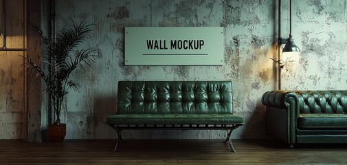 Obraz premium Vintage Green Leather Sofa Wall Mockup in Industrial Interior Low Angle Perspective