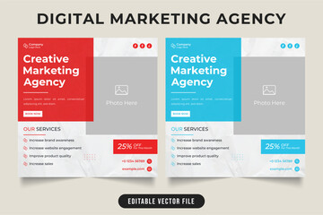 Digital marketing agency web banner with cyan and red colors. Digital marketing business promotion social media post vector with round shapes. Modern corporate agency advertisement poster design.