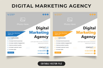 Obraz premium Business promotional web banner and poster design with photo placeholders. Marketing agency business advertisement template set vector with yellow and blue colors. Corporate agency social media post.