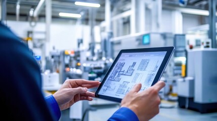 An expert carefully examines technical designs on a tablet amidst bustling machinery, showcasing innovation in a dynamic manufacturing environment