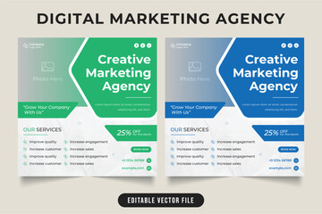 Marketing agency business advertisement template set vector. Business promotional web banner and poster design with green and blue colors. Corporate agency social media post with photo placeholders.