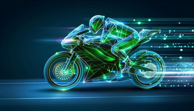 Digital high-speed green motorbike racing  in low poly wireframe design,  advanced transportation and racing technologies, samrt efficiency and safety during high-speed maneuvers, railway track.
