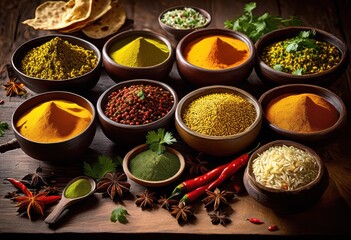 Fototapeta premium exploring vibrant spices bold tastes indian cuisine colorful dishes rich flavors, aroma, texture, herb, ingredient, meal, vegetarian, curry, rice, bread