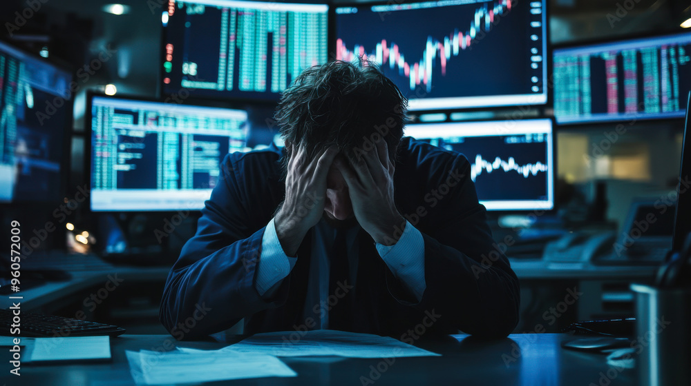 Poster a stressed trader in a suit sits at his desk, surrounded by monitors showing fluctuating stock marke