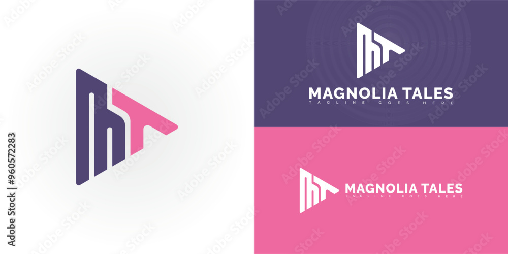 Poster modern triangle vector initial letter mt or tm logo in purple-pink color isolated on multiple backgr