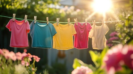 Clean clothes hanging on washing line in the garden outdoors. Drying laundry. A laundry concept.