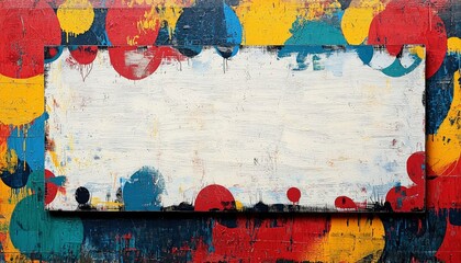 Abstract Painting with White Rectangle and Colorful Circles