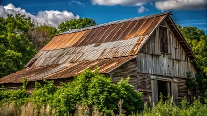 An old wooden barn with a rusted tin roof surrounded by greenery.