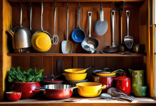 vibrant display kitchen essentials organized colorful array accessories inviting culinary experience, assortment, necessities, utensils, tools, pots, pans