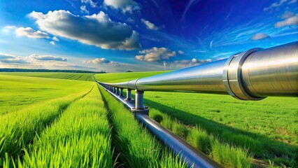 Metal pipeline with a green field and blue sky background captured from a tilted angle, industrial, construction, infrastructure, perspective angle, diagonal composition., scenic