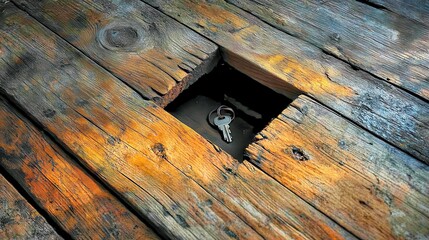 Obraz premium Discovering the Mystery: Hidden Key in Vintage Wooden Floorboard with Warm Lighting