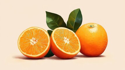  Juicy orange fruit with vibrant green leaves. Sliced in half, showing fresh, bright, and juicy interior. Simple, natural, and full of citrusy goodness.
