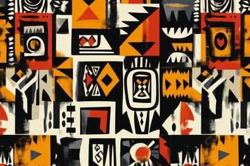 Fototapeta premium Seamless abstract pattern with geometric elements in black, red, and yellow colors
