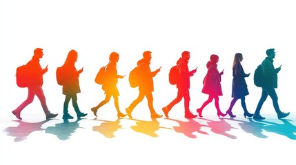 Obraz premium Silhouettes of people walking, depicted in gradient colors, symbolizing diversity, movement, and modern digital culture.