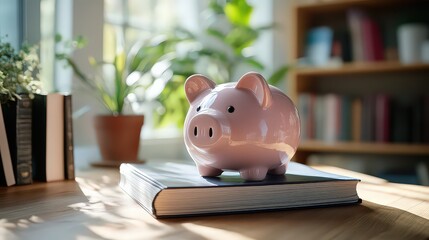   pink piggy bank sitting on top of a book in a sunlit room, representing savings, financial planning, and smart money management in a calm, organized space.