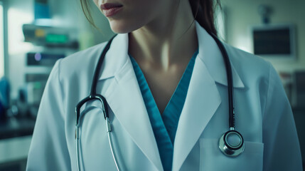 Medical professional in a clinical setting wearing a stethoscope while engaged in patient care activities during daytime hours