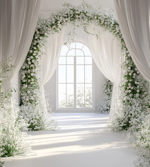 Fototapeta premium white window with flowers and curtains