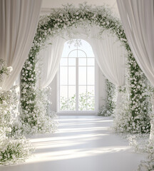 white window with flowers and curtains