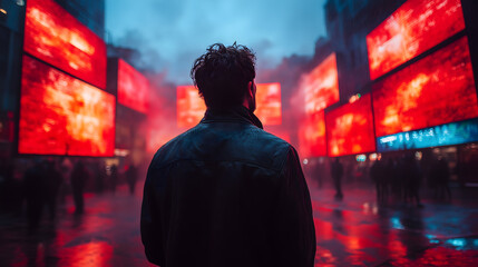 Obraz premium Hombre observando grandes pantallas rojas en una ciudad futurista de noche