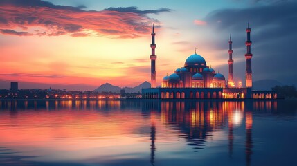 Fototapeta premium Beautiful mosque reflected in calm waters at sunset, creating a breathtaking and serene cultural landscape.