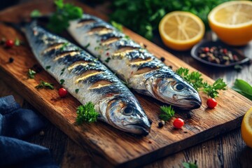 Atlantic Mackerel. Raw Mackerel Fish on Wooden Board for Culinary Delight